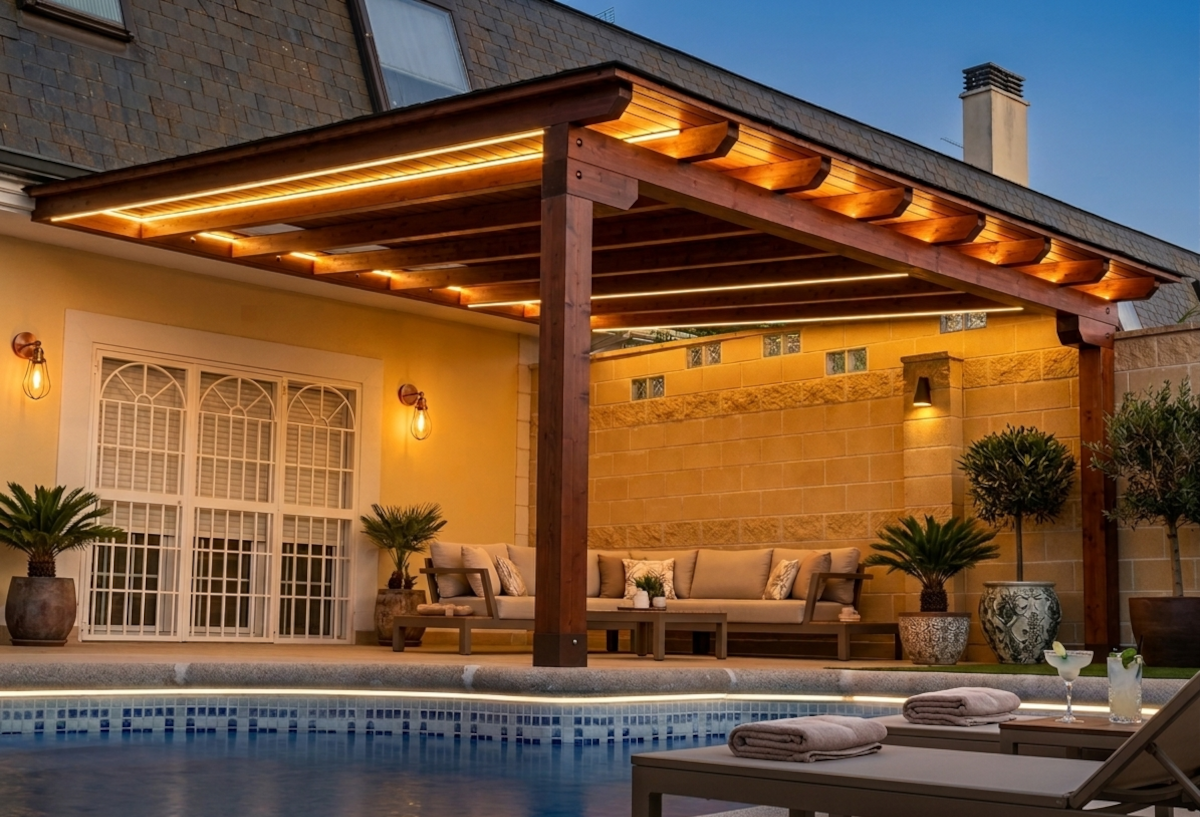 En la imagen se ve un porche de madera construido a medida adosado a la casa