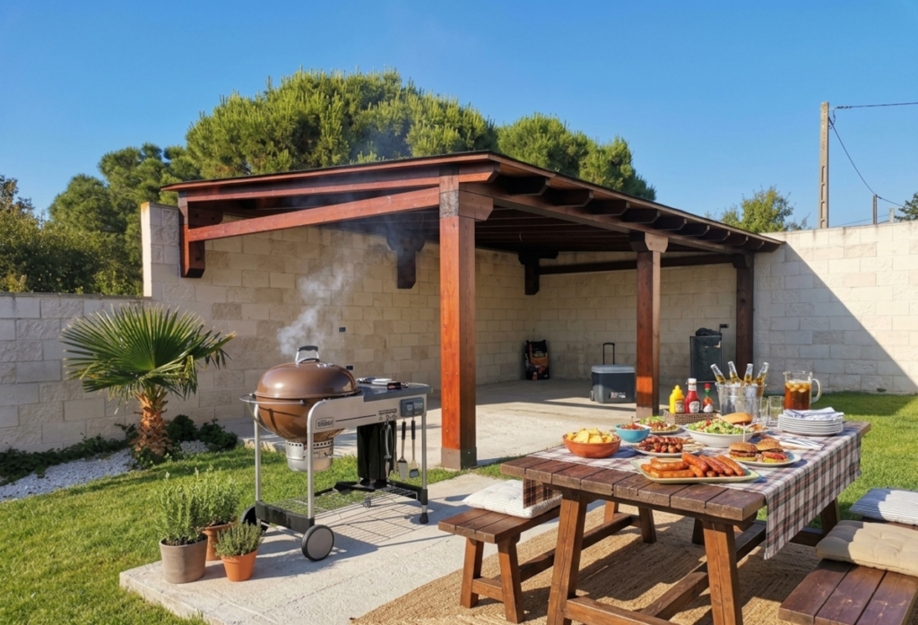 En la imagen se ve un porche de madera en ambiente de barbacoa