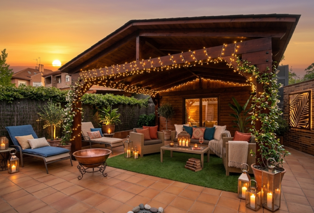 En la imagen se ve un porche de madera construido a medida con ambiente chillout