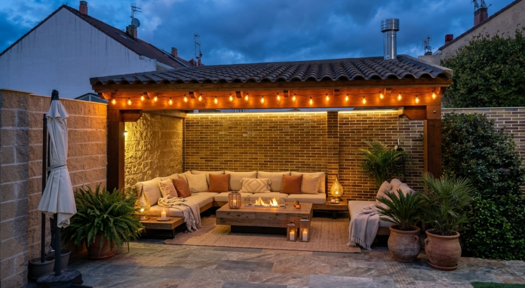 En la imagen se ve un porche con teja ceramica y decoracion chillout